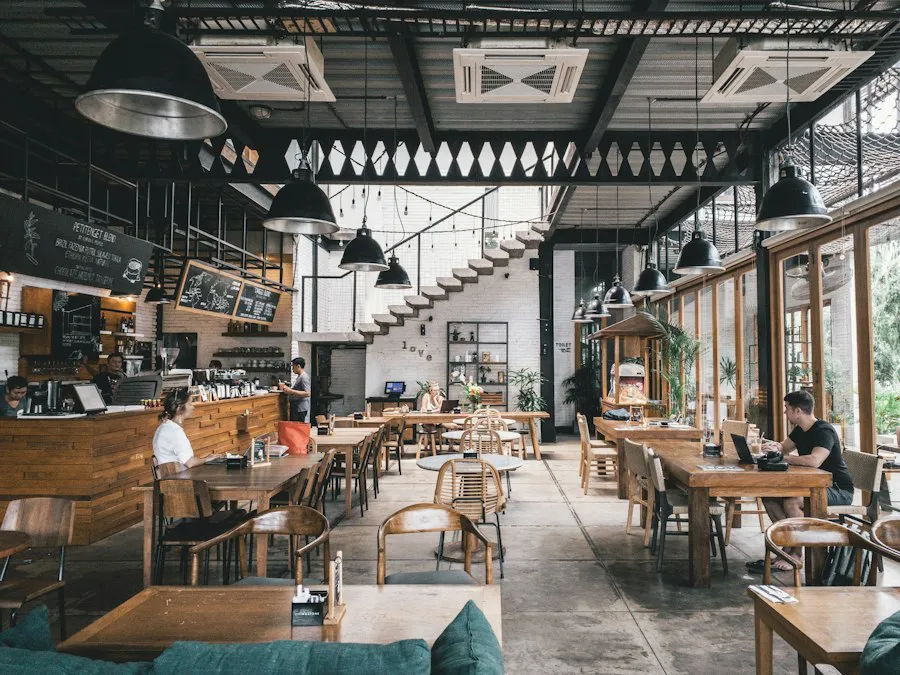 Rustic café interior with wooden tables