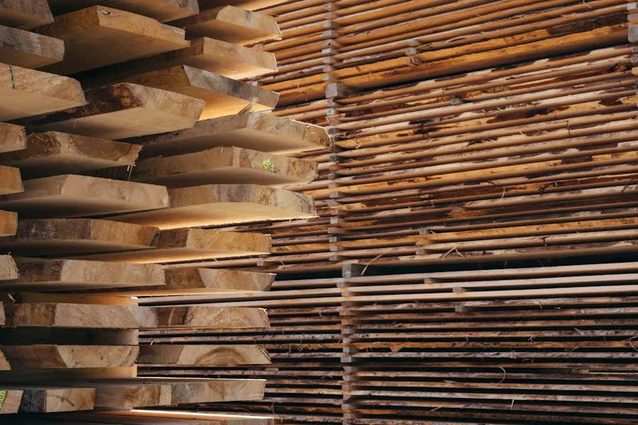 Neatly stacked sawn timber planks