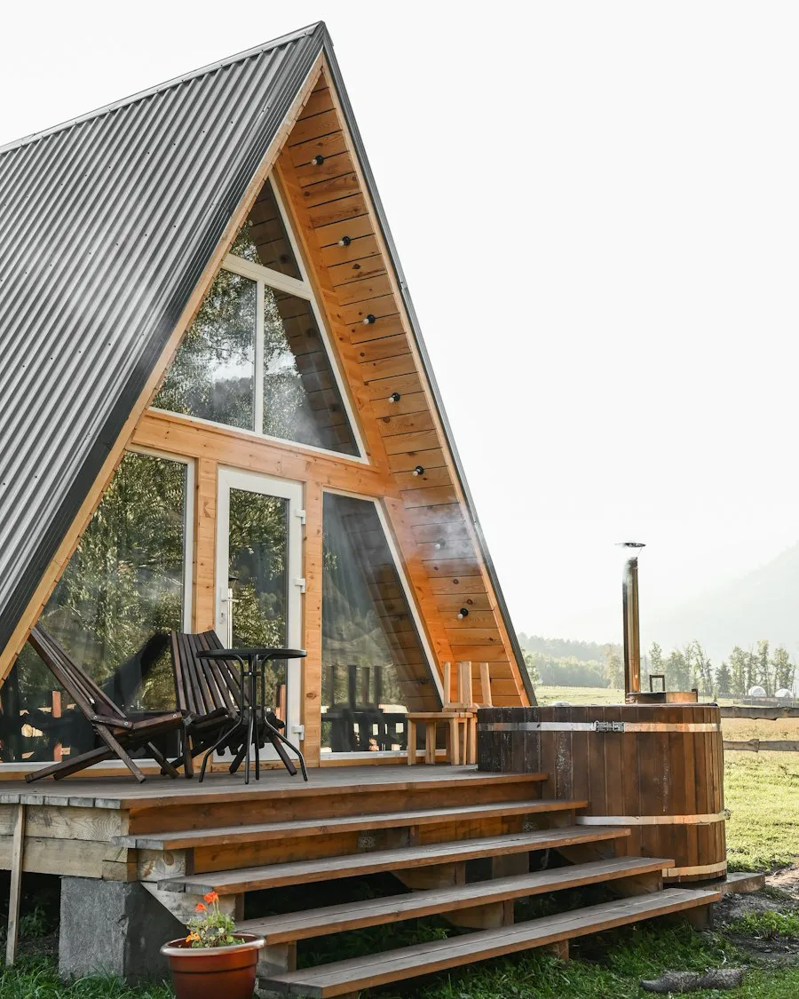 Wooden house with a tall glass front