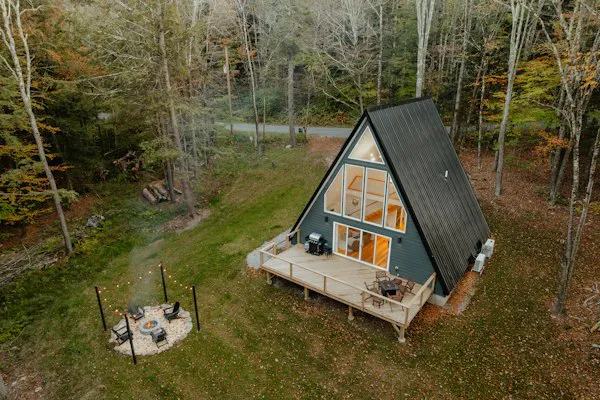 A-frame cabin with a deck seen from above